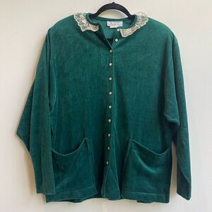 Vintage Emerald Green Velvet Cardigan Shacket w/ Lace Collar - Large